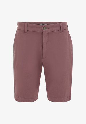 Mauve gestructureerde herenshorts met riemlussen, knoopsluiting aan de voorkant en ritssluiting, getoond vanaf de voorkant op een witte achtergrond.