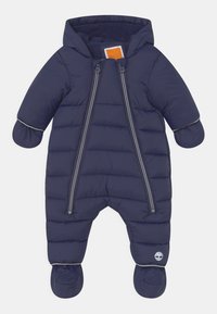 Laivansinis vauvojen talvivaatteet, joissa on huppu, kiinnitetyt lapaset ja tossut, kaksoiset etuvetoketjut ja pehmustettu tikattu muotoilu.