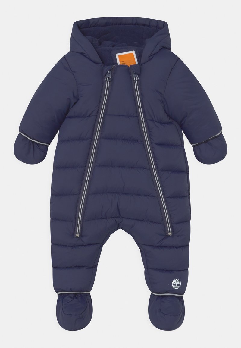 Laivansinis vauvojen talvivaatteet, joissa on huppu, kiinnitetyt lapaset ja tossut, kaksoiset etuvetoketjut ja pehmustettu tikattu muotoilu.