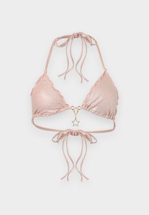 Shimmery pale pink triangle bikini top with adjustable halter and back ties, featuring a gold star charm hanging in the center.