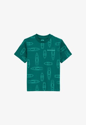 T-shirt in cotone teal con motivo a sagoma di barca ripetuto e testo "BEACH BOUND". Design classico con collo a giro e maniche corte.