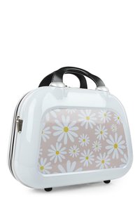 Bolso de mano duro blanco con un fondo beige que presenta un patrón de margaritas. Asa negra y detalles en plata. Forma redondeada.
