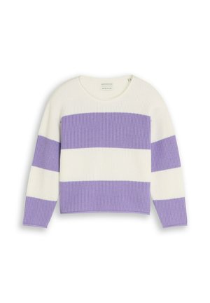 Langärmeliger Strickpullover mit breiten horizontalen lavendelfarbenen und weißen Streifen sowie rundem Ausschnitt.