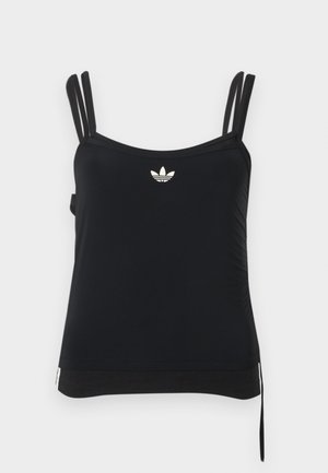 Débardeur de sport noir avec fines bretelles réglables, détail froncé sur le côté et petit logo Adidas blanc sur la poitrine. Texture du tissu lisse.