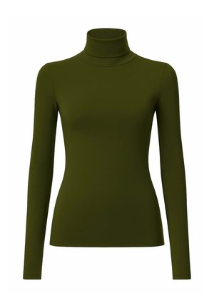 Maglione a collo alto verde oliva con maniche lunghe, realizzato in un tessuto liscio ed elasticizzato, caratterizzato da un design aderente e un colletto alto.