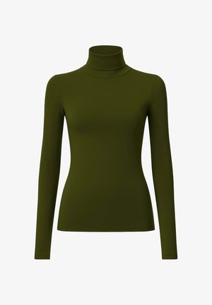 Maglione a collo alto verde oliva con maniche lunghe, realizzato in un tessuto liscio ed elasticizzato, caratterizzato da un design aderente e un colletto alto.