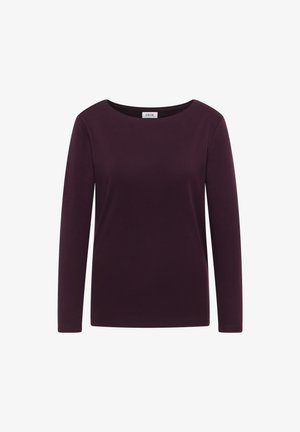 Langärmliges Shirt in tiefem Pflaumenfarbe. Weicher Stoff mit glatter Textur, ausgestattet mit einem weiten Rundhalsausschnitt und tailliertem Design. Keine sichtbaren Muster oder Akzente.