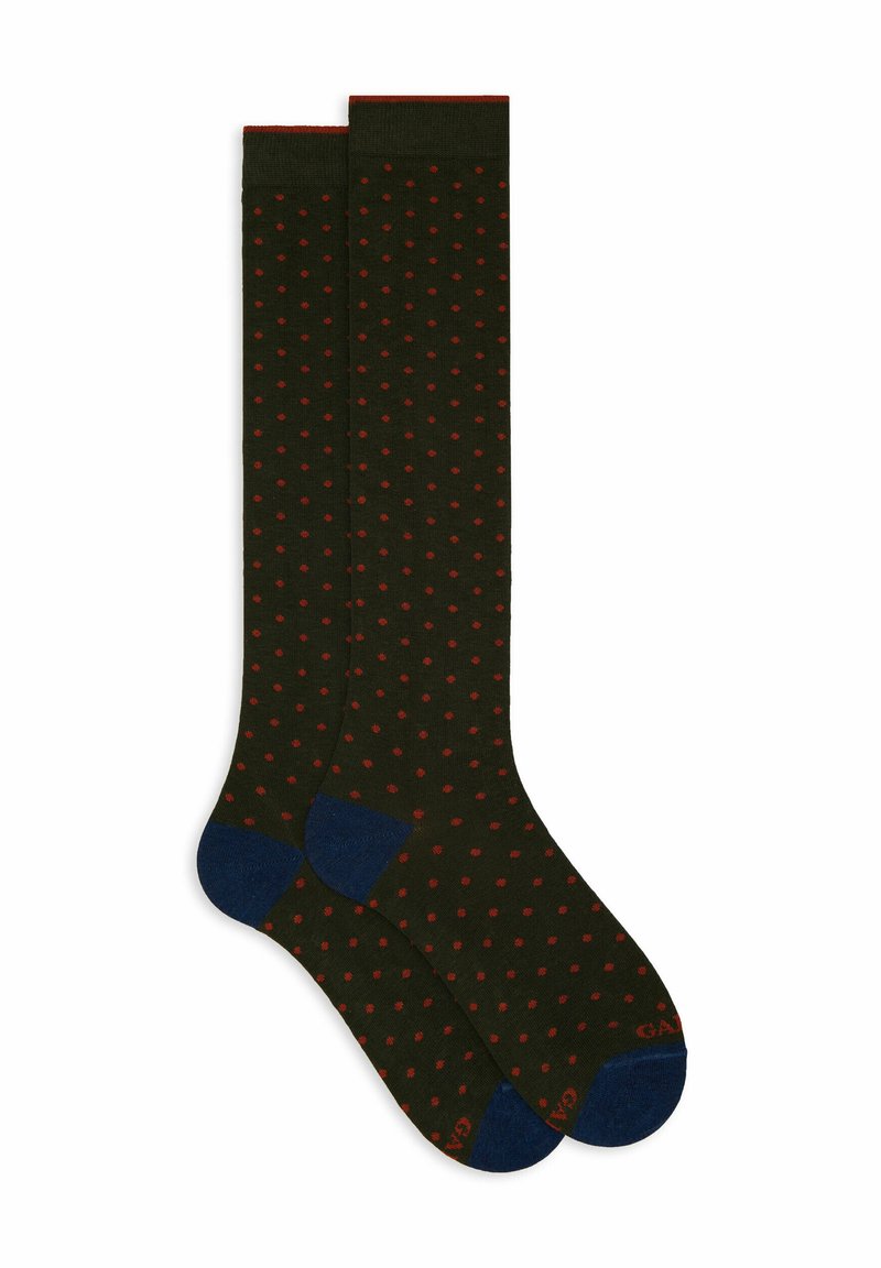 Dunkelgrüne Kniestrümpfe mit kleinen roten Punkten, marineblaue Ferse und Zehen sowie roter Besatz am oberen Rand.