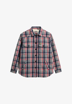 Camicia in flanella scozzese grigia, rossa e blu navy. Presenta due tasche anteriori, design con bottoni e colletto piatto con etichetta del marchio.