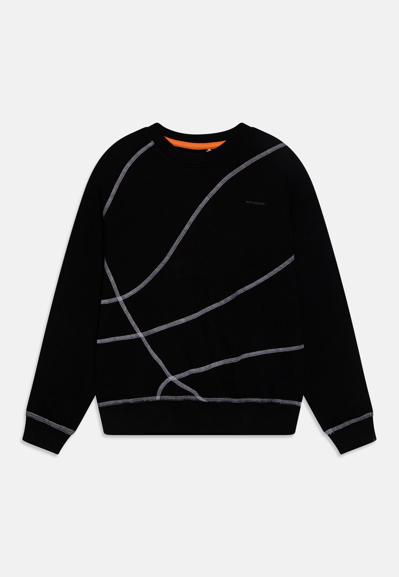 Black sweatshirt featuring grey curved lines across the front, a round neck, long sleeves, and an orange inner collar detail.