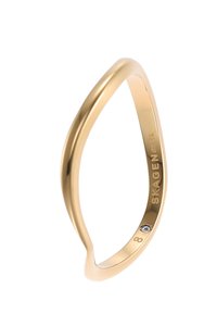 Goldfarbener Ring mit einem glatten, konischen Design, das einen kleinen eingelassenen Stein und den eingravierten Markennamen an der Innenseite des Bands aufweist. Größe 8.