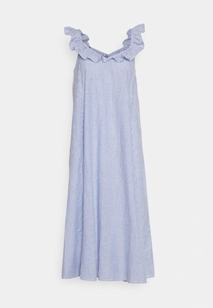 Robe rayée bleu clair et blanche avec des bretelles à volants et une coupe ample. Fabriquée dans un tissu léger, avec un ourlet évasé.