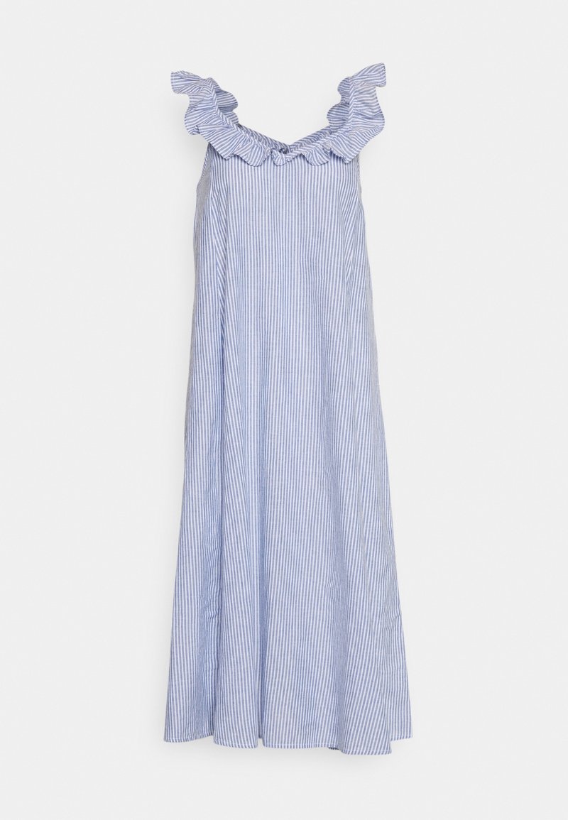 Robe rayée bleu clair et blanche avec des bretelles à volants et une coupe ample. Fabriquée dans un tissu léger, avec un ourlet évasé.