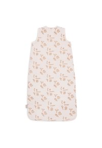 Sac de sommeil en coton avec un motif floral et abstrait dans un doux pêche sur un fond crème. Design sans manches avec un col rond.