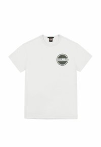 Camiseta de algodón blanca con mangas cortas, que presenta un logo circular con "COLMAR" en el centro. Cuello redondo clásico.