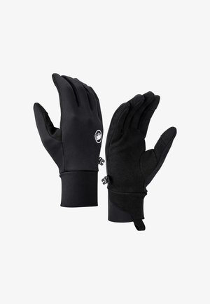 Schwarze Handschuhe aus flexiblem Material mit glatter Textur. Sie verfügen über eine enganliegende Passform und einen Handgelenkversteller für einen sicheren Verschluss. Logo auf der Handfläche sichtbar.