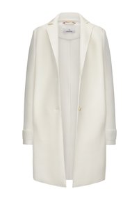 Weißer langer Mantel aus glattem Stoff. Mit notch-Kragen, zwei Knöpfen und mit Manschetten versehenen Ärmeln. Gefüttertes Innenleben mit floralem Akzent.