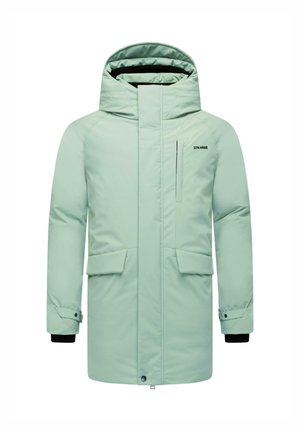 Mint green, long insulated parka with a hood, front zipper, two large front pockets, and adjustable cuffs featuring black accents.