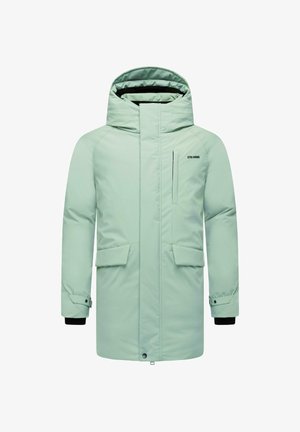 Mint green, long insulated parka with a hood, front zipper, two large front pockets, and adjustable cuffs featuring black accents.