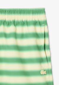 Bañador a rayas verde y crema con cintura elástica y pequeño logo texturizado en la parte inferior derecha. Tejido suave y ligero.