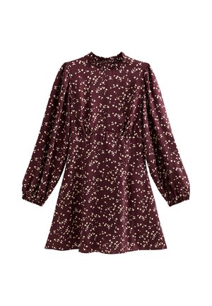 Mouwloze jurk in bordeauxrood met een klein beige bloemenpatroon, een gerimpelde hoge halslijn, geplooide manchetten en een licht uitlopende rok.