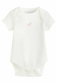 Bodysuit blanc à manches courtes en coton doux, avec un petit motif de licorne rose. Fermetures à pressions en bas pour plus de facilité lors de l'habillage.