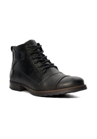 Black leather ankle boot with a round toe, textured upper, lace-up front, and a contrasting brown sole. Features a pull tab and side accents.