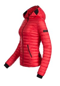 Red puffer jacket with a fitted design, zip closure, side pockets, and black accents on the hood and cuffs. Horizontal quilted texture.
