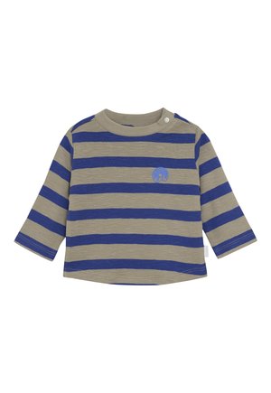 Langarmshirt für Kleinkinder mit blauen und grauen horizontalen Streifen und einem kleinen blauen Grafikdesign auf der linken Brust, ausgestattet mit Druckknöpfen an der Schulter.