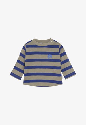 Peuter langemouwen shirt met blauwe en grijze horizontale strepen en een kleine blauwe graphic op de linkerkant van de borst, met drukknopen op de schouders.