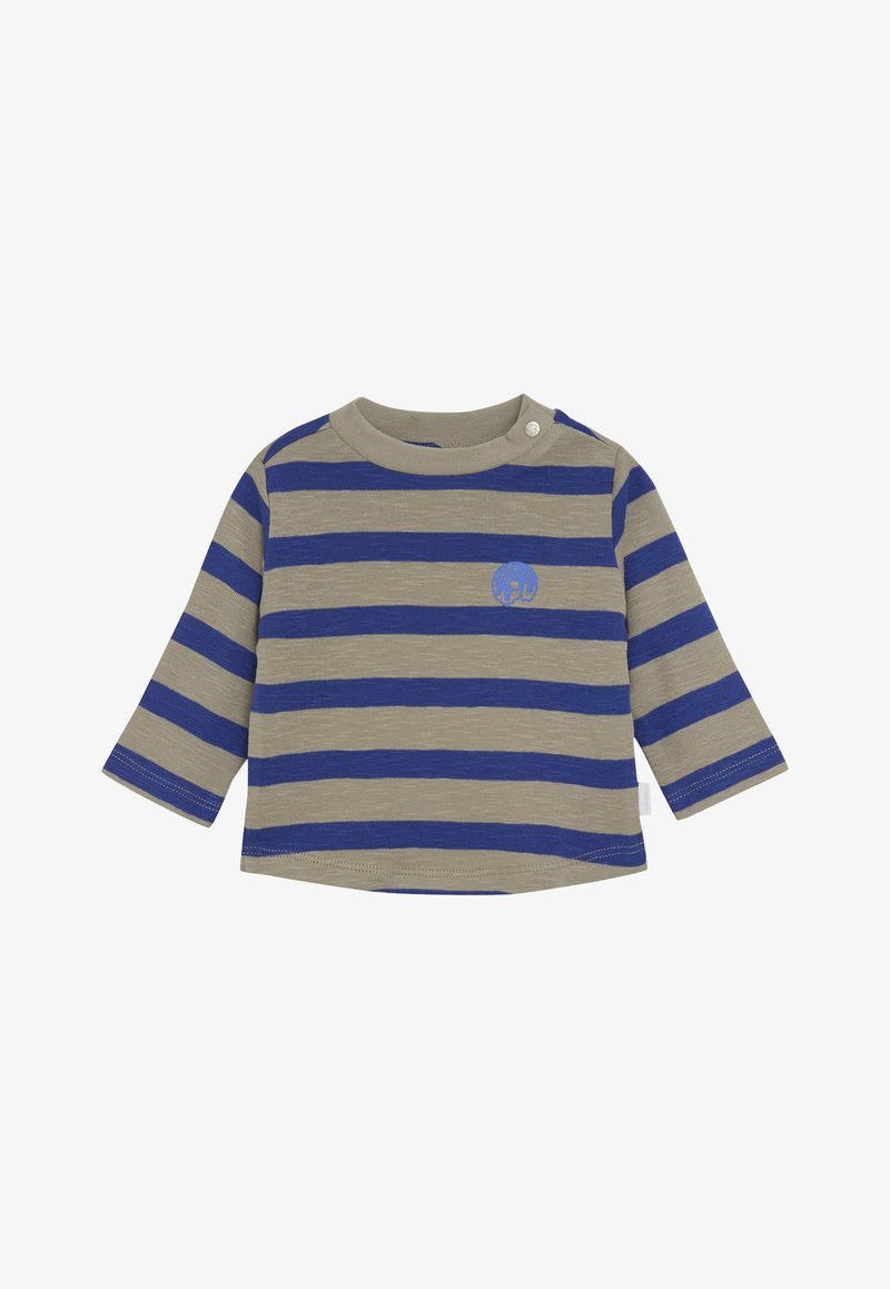 Langarmshirt für Kleinkinder mit blauen und grauen horizontalen Streifen und einem kleinen blauen Grafikdesign auf der linken Brust, ausgestattet mit Druckknöpfen an der Schulter.