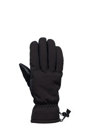 Zwarte handschoenen van softshellmateriaal, met een strakke manchet, elastische gathering en een gestructureerde grip op de vingertoppen.
