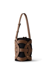 Circular handbag with a black fabric body, wrapped in a textured brown leather strap design. Features a single adjustable strap and gold accents.