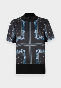 Short-sleeve top in black, featuring a floral pattern in blue and white. Smooth fabric with a ribbed black waist. Crew neck design.