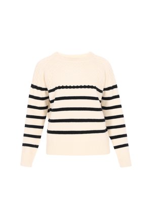 Suéter crema con rayas horizontales negras, con puños y dobladillo de canalé, patrón texturizado en la parte superior y cuello redondo.