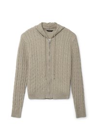 Hellgraue Zip-Hoodie aus strukturiertem Stoff mit gerippten Bündchen und Saum, ausgestattet mit einer Kordelzugkapuze und einem Zopfmuster.