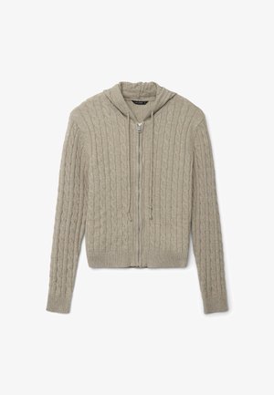 Felpa zip grigia chiara realizzata in tessuto strutturato, con polsini e orlo a coste, dotata di cappuccio regolabile e motivo a trecce.