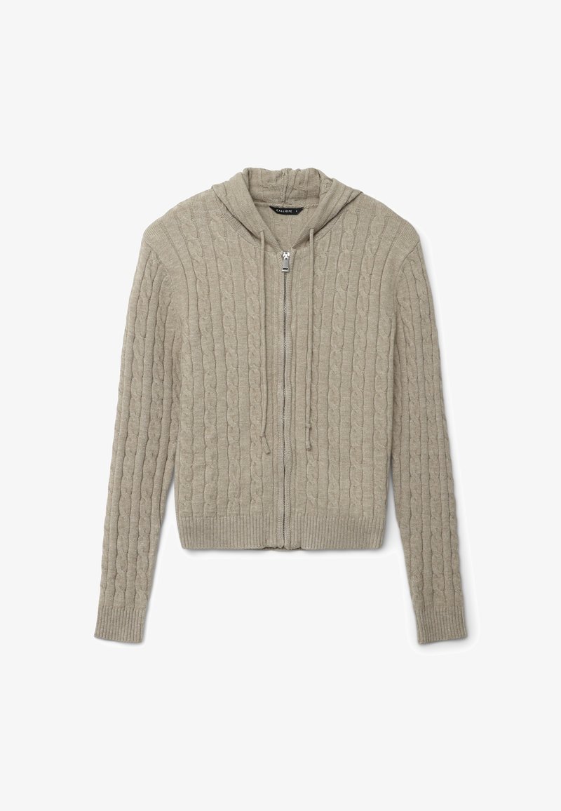 Hellgraue Zip-Hoodie aus strukturiertem Stoff mit gerippten Bündchen und Saum, ausgestattet mit einer Kordelzugkapuze und einem Zopfmuster.