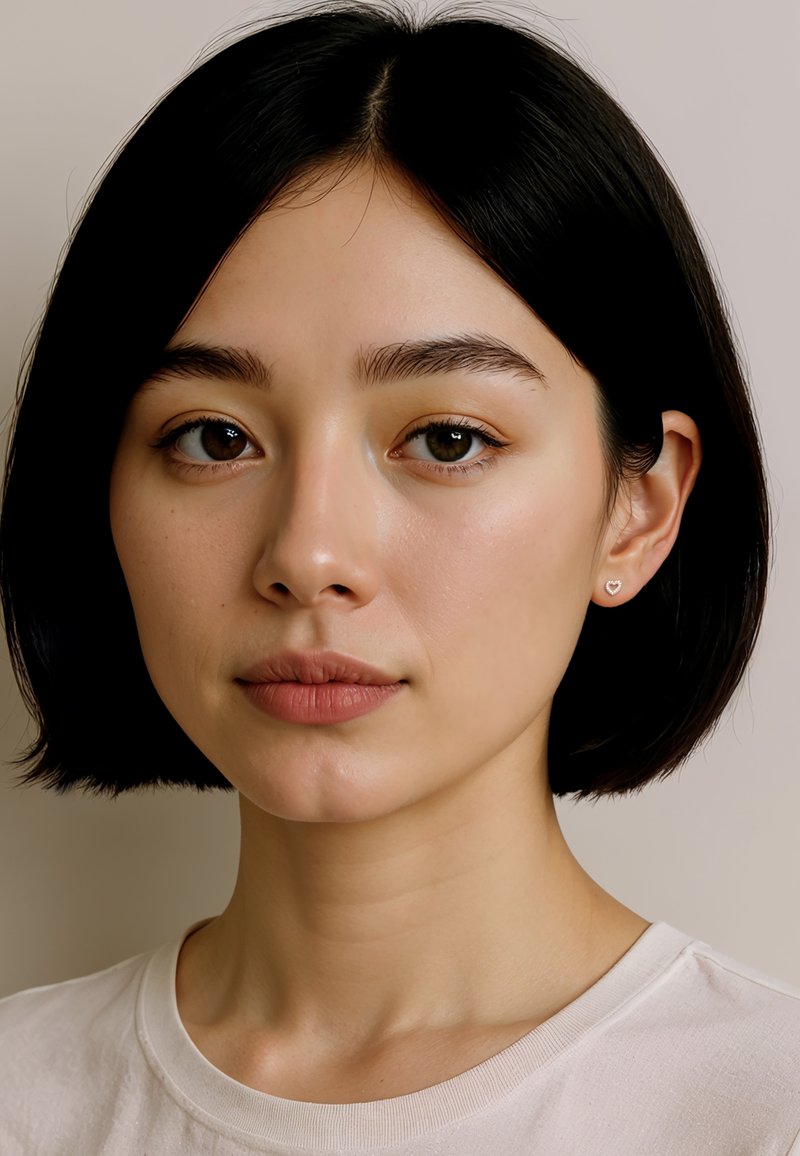 Primo piano di una persona con capelli neri lisci e trucco naturale. Indossa un piccolo orecchino a forma di cuore in argento e una camicia di colore chiaro.