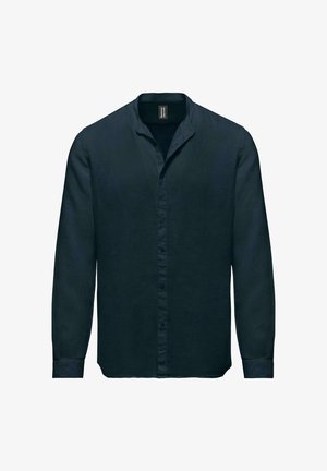 Camicia in lino blu navy scuro a maniche lunghe, con chiusura a bottoni, colletto a band e texture liscia. Design minimalista senza motivi o dettagli.