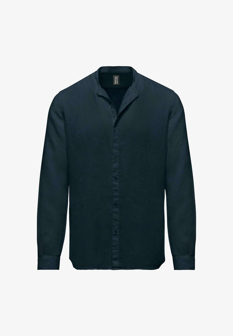 Camicia in lino blu navy scuro a maniche lunghe, con chiusura a bottoni, colletto a band e texture liscia. Design minimalista senza motivi o dettagli.