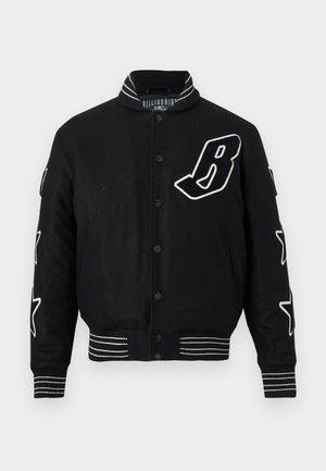 Black varsity jacket with white striped ribbed cuffs and collar, button front, large white "B" on chest, and star patches on sleeves.