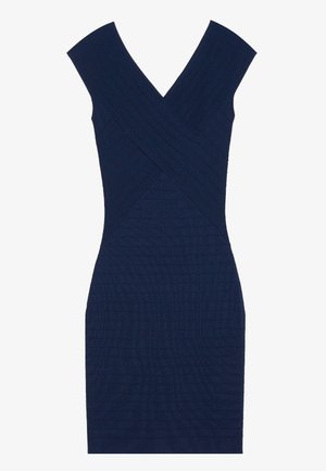 Navy ribbed dress with a V-neck, cap sleeves, and a fitted silhouette, featuring crisscross detailing at the front for added texture.