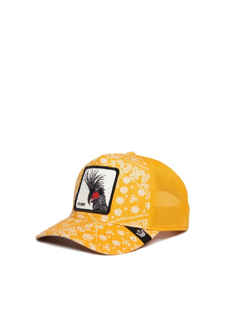 Yellow trucker cap with a paisley pattern, mesh back, and a square patch featuring a bird illustration with the text "PUNK."