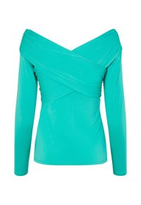 Turkise off-shoulder top lavet af glat, strækbart stof. Med lange ærmer og et krydset omslagdesign foran.