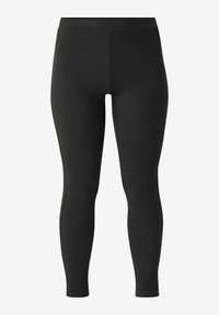 Černé legíny se sametovým povrchem, vysokým pasem a slim fit, poskytující kompletní pokrytí bez vzorů nebo zdobení.