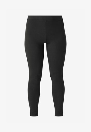 Schwarze Leggings mit glatter Textur, hohem Taillenbund und schlanker Passform, die eine vollständige Beinfreiheit bieten, ohne Muster oder Verzierungen.