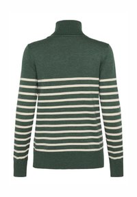 Zeleni pleteni pulover z ovratnikom in vodoravnimi smetanastimi črtami, rebrasto strukturo ter prilegajočimi manšetami. Klasičen dizajn z oprijetim krojem.
