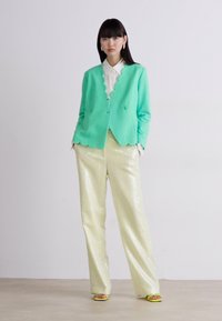 Mintgroene blazer met gegolfde randen en twee knopen, gecombineerd met glanzende gele wijde broekspijpen. Wit shirt eronder, aangevuld met gele sandalen.