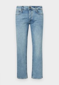 Lichtblauwe denim spijkerbroeken met rechte pijpen, vijf zakken en een knoopsluiting. Voorzien van subtiele slijtage- en vervagingseffecten over het hele kledingstuk.